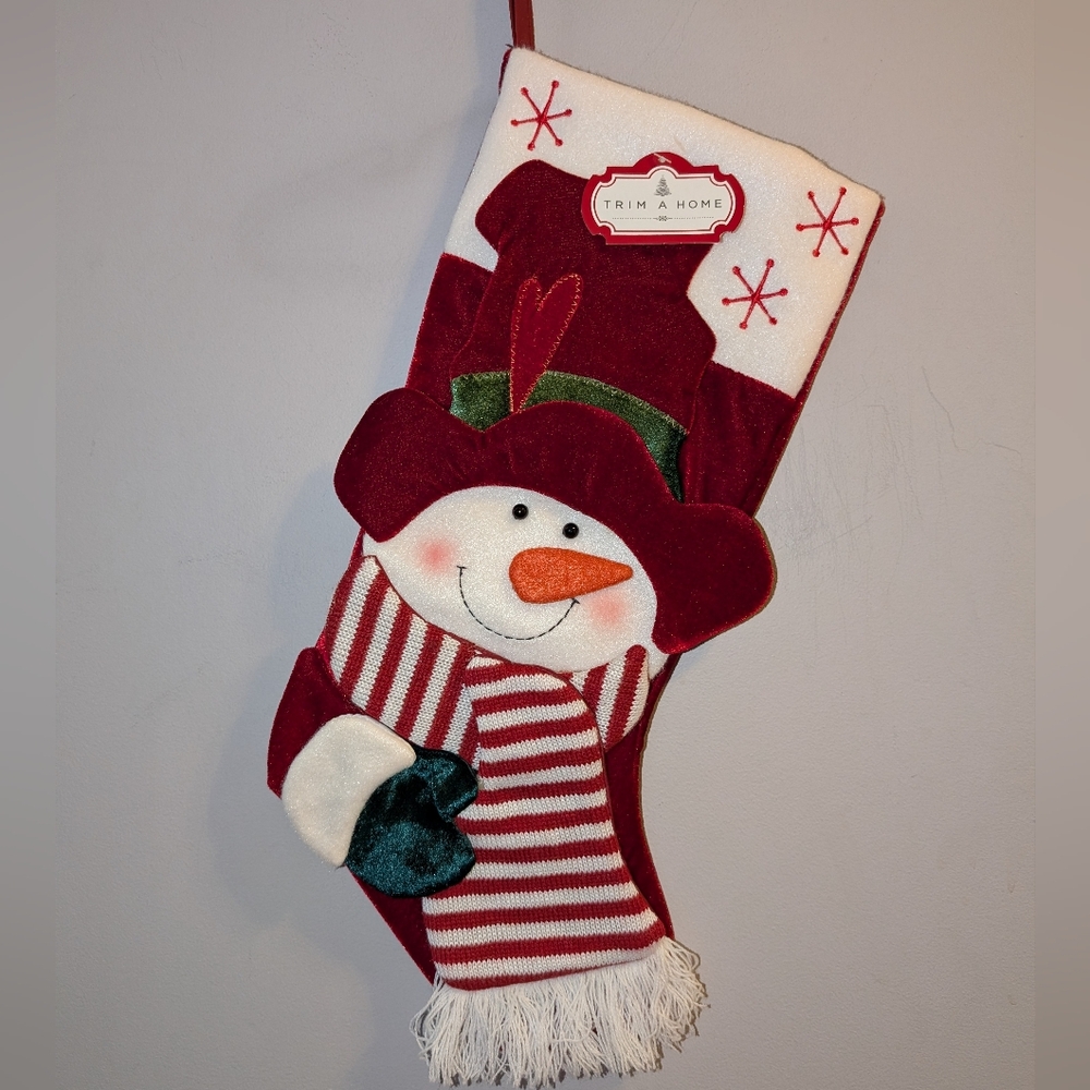 🆕 Trim A Tree Vintage Burgundy Red White Snowman Christmas Stocking 20" 🎄